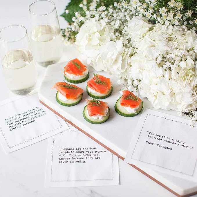 Five Star Funny Marriage Quotes | White Cotton Cocktail Napkins | 50 Luxury Disposable Beverage Napkins with Witty Bar Quotes | Drink Napkins for Parties, Bars, Weddings & Game Nights
