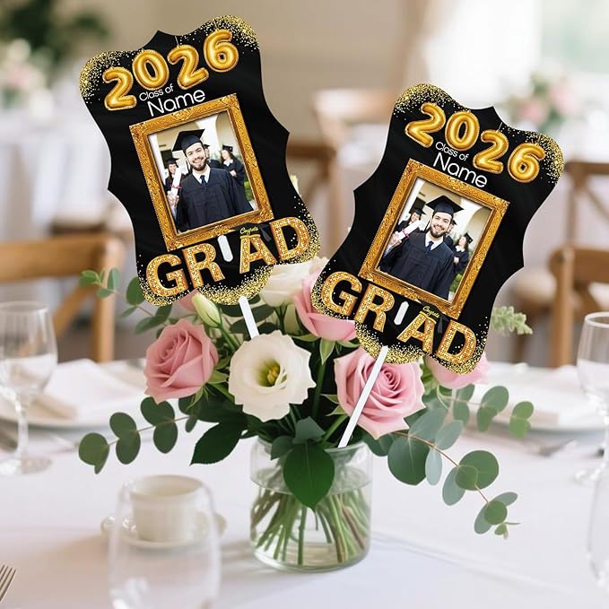 Personalized Graduation Double Sided Face Fan Class of 2026 Customized Graduation Head Face Cutout with Handle Fun Photo Prop Supplies(A-Black and Gold,12pcs)
