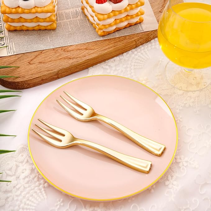 Festiva 200Pcs Pink Gold Cake Plates 6.3" with Forks 5"- Disposable Salad Plates-Pink Dessert Plates-Appetizer Plastic Plates - include 100Plates 100Forks for Party&Wedding&Easter&Valentine's Day