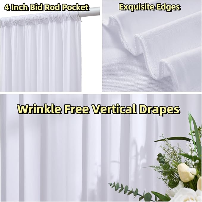 30 ft x 8 ft White Backdrop Curtain Drapes for Wedding Parties, 6 Panels 5 ft x 8 ft Wrinkle Free Polyester Photo Drapes for Birthday Party Baby Shower Backdrop Stand