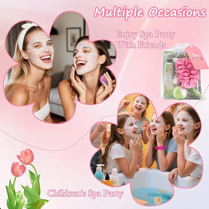 120PCS Spa Party Supplies for Girls, Include Facial Masks, Lip Mask, Under Eye Patches, Lip Balm, Foot Bath Bombs, Hand Cream, Compressed Towel, Hair Band, Sleepover Party Supplies for Girls
