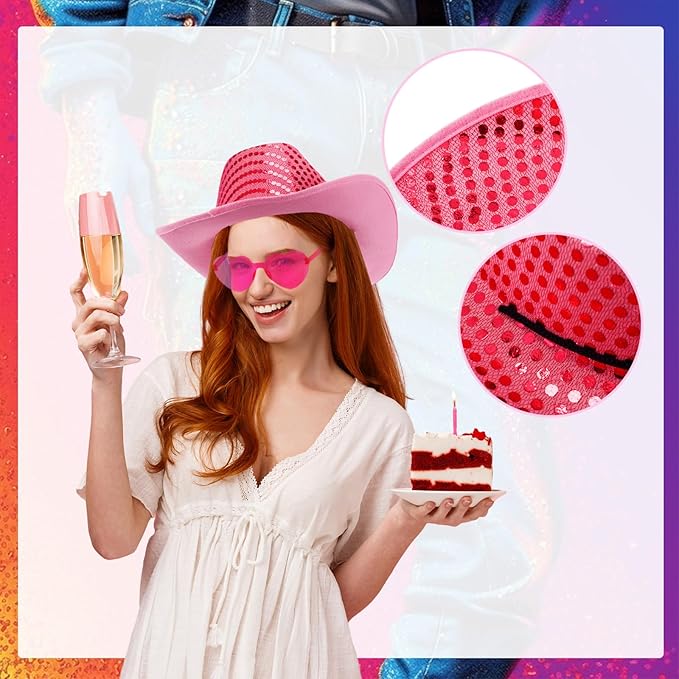 Bonuci Sequin Glitter Cow Hat and Funny Rimless Sunglasses Sparkly Party Favor for Women Men