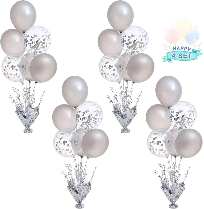 4 Set Silver Table Balloons Centerpiece Stand Kit with Silver and Confetti Balloons for Graduation Birthday Party Baby Shower Wedding Bridal Shower Prom Retirement Table Decorations