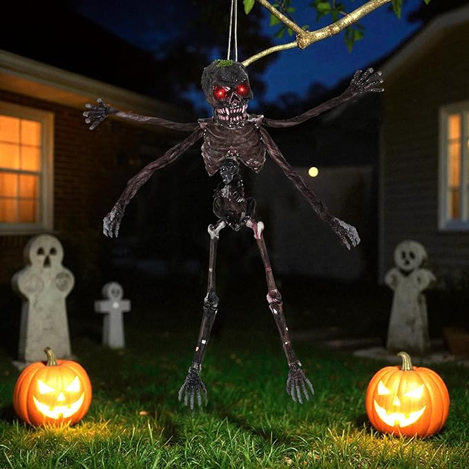 BECOMFORT 6 FT Hanging Animatronic Halloween Decoration, Sound-Activated Hanging Zombie with Shaking Body, Glowing Eyes, Creepy Sounds & Posable Arms, Animated Halloween Props for Indoor & Outdoor