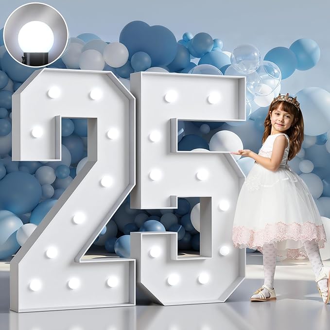 Marquee Numbers 4 Feet Tall Big Light Up Numbers 25th Birthday Decorations Women Men Graduation Decorations 2025 White Anniversary Party Decor Large Cardboard Prop Backdrop Sign 25