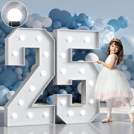 Marquee Numbers 4 Feet Tall Big Light Up Numbers 25th Birthday Decorations Women Men Graduation Decorations 2025 White Anniversary Party Decor Large Cardboard Prop Backdrop Sign 25