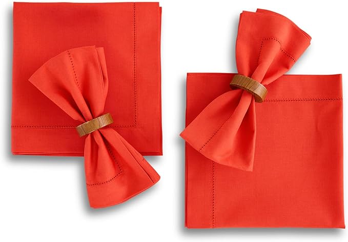 Solino Home Cotton Linen Napkins Set of 4 - Hemstitch Poppy Red Dinner Napkins Cloth 20 x 20 Inch for Valentines - Handcrafted and Machine Washable