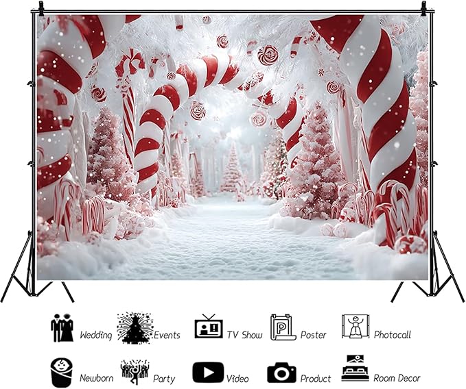 Baocicco 10x7ft Merry Christmas Candy Cane Backdrop Photography Red and White Candyland Fairy Fantasy Xmas Background Winter Holiday Family Party Decorations New Year Eve Party Banner Photoshoot