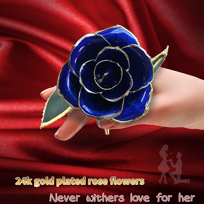 Birthday Rose Gift for her,24k Golden Real Fresh Long stem Rose and Best Birthday Gift for her Rose,Blue with Stand
