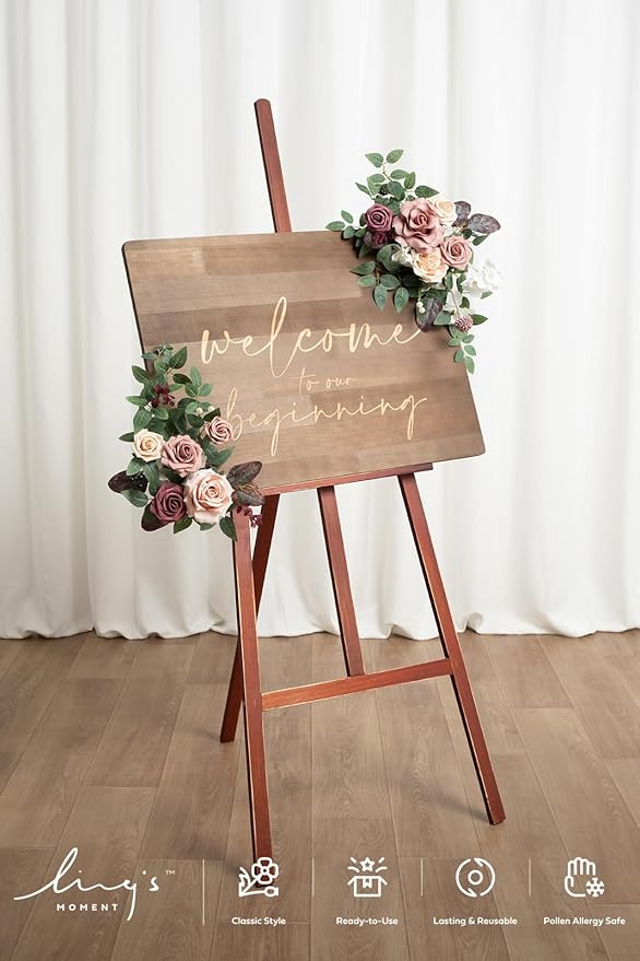 Ling's moment 2pcs Wedding Floral Swag Welcome Sign Artificial Flowers Backdrop Garland Dusty Rose & Mauve Ceremony Reception Wall Home Decorations Entryway Faux Outdoor Board Head Table Decor