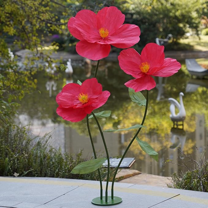Large Paper Artificial Flowers,Giant Flowers for Decoration,Huge Handcrafted Poppy Fake Flowers with Stand for Home Decor Bridal Shower Party Outdoors Yard Event Backdrop Decor (red)