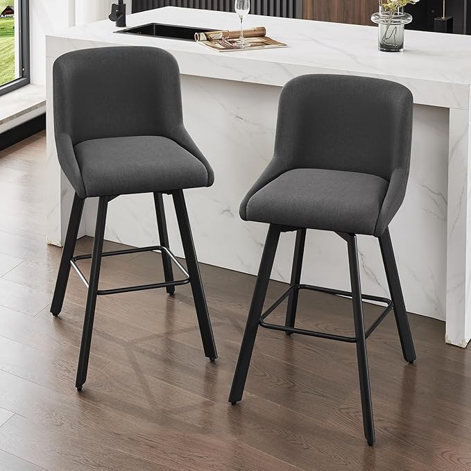 Swivel Counter Height Bar Stools Set of 2, 29''H Upholstered Barstools with Backs, Modern Bar Stool Chairs for Kitchen Island, Metal Legs, Fabric, Black Grey Stools Counter Chair