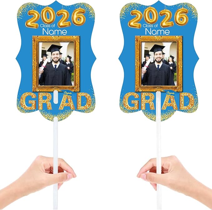 Personalized Graduation Double Sided Face Fan Class of 2026 Customized Graduation Head Face Cutout with Handle Fun Photo Prop Supplies(A-Sky Blue and Gold,12pcs)