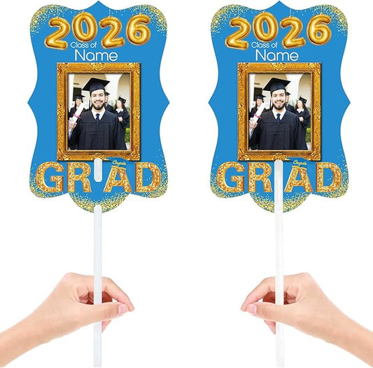 Personalized Graduation Double Sided Face Fan Class of 2026 Customized Graduation Head Face Cutout with Handle Fun Photo Prop Supplies(A-Sky Blue and Gold,12pcs)