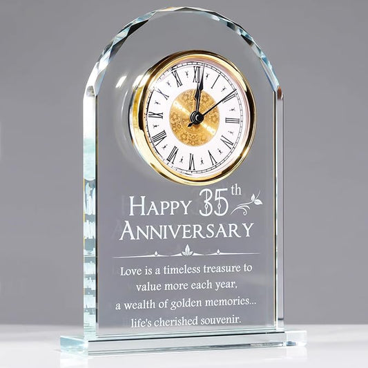 YWHL 35th Wedding Anniversary Clock Gifts for Parents, 35 Years Anniversary Glass Quartz Clock Gifts for Couple Wife Husband, Table Clock Gifts for 35th Anniversary Decoration (Battery not Included)