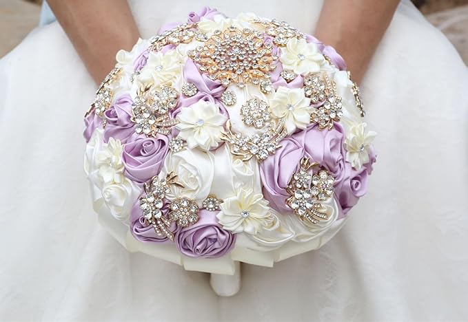 Wedding Bridal Bouquet Handmade with Luxury Gold Rhinestone Brooch for Bride Bridesmaid Quinceanera Bouquet Satin Rose Flower Bouquet Wedding Lilac and Ivory 9.8in