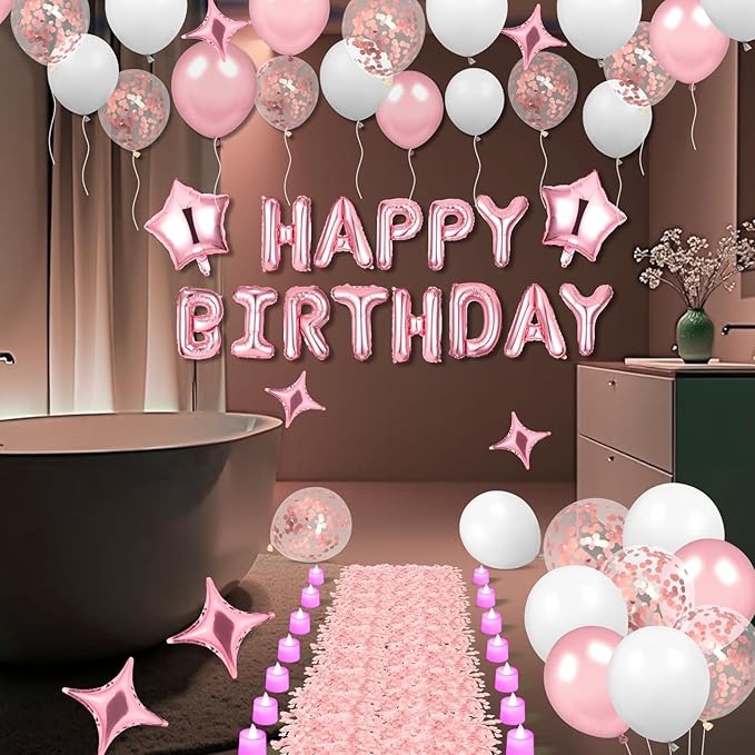 Pink Happy Birthday Balloons Decorations Pink White Birthday Balloon Letters Banner with 6 Pcs Star Balloons Artificial Rose Petal 24 Flameless LED Candles for Room Hotel Party Decorations Supplies
