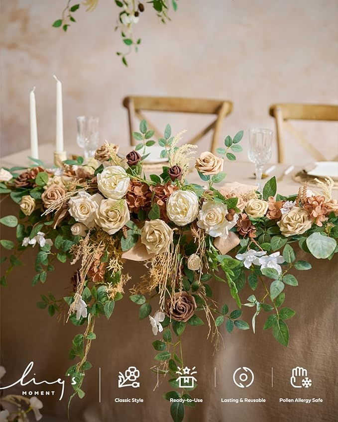 Ling's moment 9FT Spring Flower Garland for Backdrop Decorations - Wedding Arch Flowers, Eucalyptus & Rose, Artificial Floral Garland for Mantel - Sweetheart Table Decor for Reception, Beige Brown