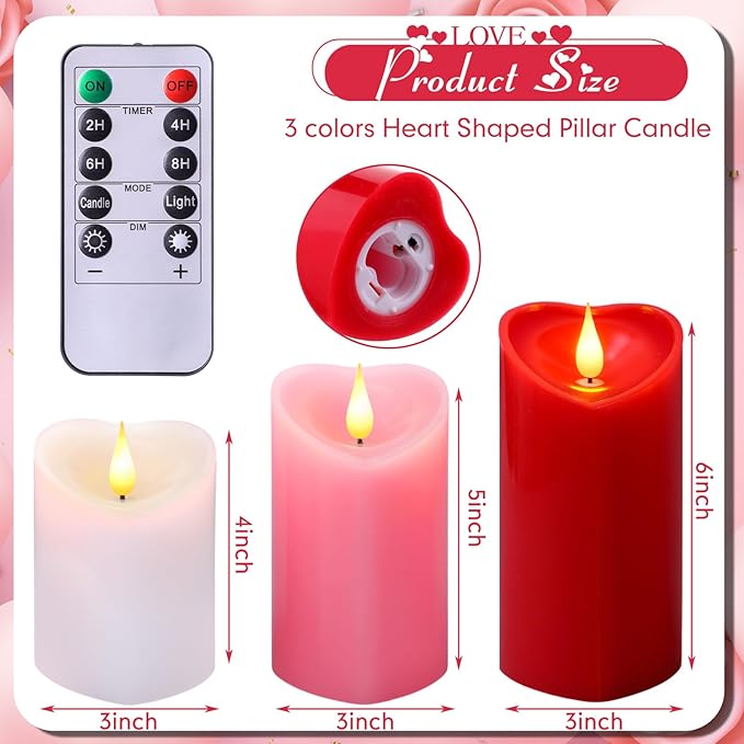 Retisee 3 PCS Valentine's Day Heart Pillar Candle - 4" 5" 6" LED Battery Operated Flameless Candle with Remote for Valentine Women Romantic Home Weeding Decoration Gift(Red, Pink, White)