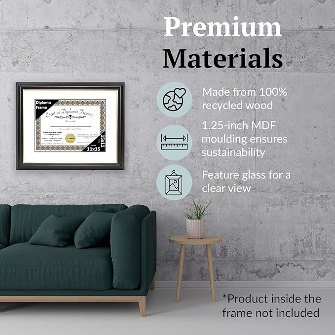 Creative Picture Frames 11" x 15" Rockefeller Black with Gold Rim Diploma Frame, Displays 11" x 15" Certificate or 16" x 20" Document without Mat, College Degree Frame, Full-Strength Glass, White Mat