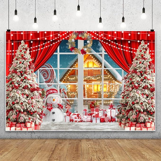 YongFoto Merry Christmas Backdrop 9x6ft Snowman Window View Snowy Town Xmas Tree Photography Background 2026 New Year Family Winter Holiday Party Banner Portrait Photoshoot Wallpaper Photo Booth