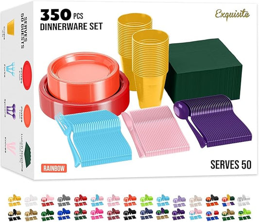 Exquisite 350 Pcs Rainbow Plastic Plates For Party, Rainbow Disposable Plates Set, 50 Of Each 9" Dinner Plate Set, 7" Dessert Plate, Cups, Napkins & Cutlery Plastic Dinnerware