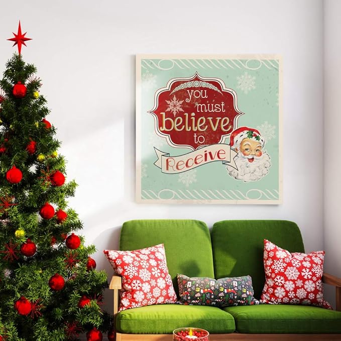Renditions Gallery You Must Believe to Receive Santa Wall Art, Christmas & Winter Artwork, Holiday Decor, Red & White, Premium Gallery Wrapped Canvas, Ready to Hang, 24 in H x 24 in W, Made in America
