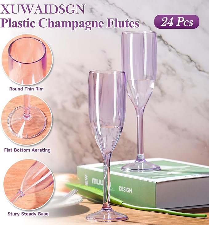 XUWAIDSGN 24 Pcs Reusable Champagne Flutes Plastic Wine Glasses Bulk Vintage Champagne Flutes Mimosa Bar Glasses Stemmed Drinking Cups 5.4OZ for Christmas Birthday Wedding Bride