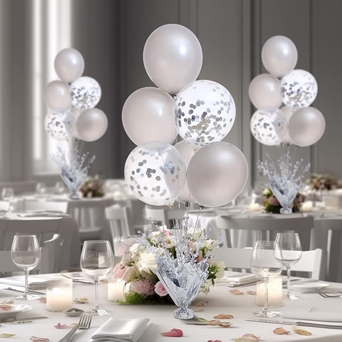 4 Set Silver Table Balloons Centerpiece Stand Kit with Silver and Confetti Balloons for Graduation Birthday Party Baby Shower Wedding Bridal Shower Prom Retirement Table Decorations