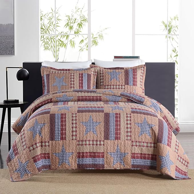 Cotton Bedding Quilt Sets Reversible Patchwork Coverlet Sets All Season Brown Bedspread, Mediterranean Star Pattern, Queen Size