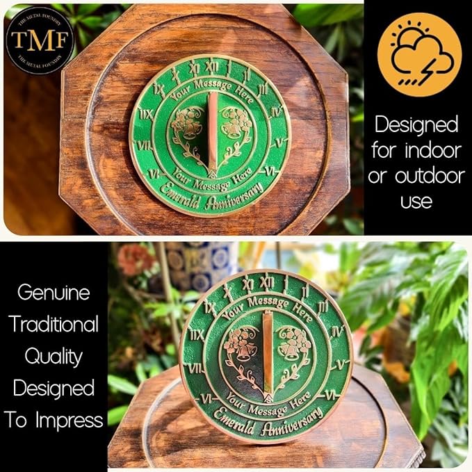 The Metal Foundry Personalized Emerald 55th Large Sundial - Recycled Brass Home Decor Or Garden Present Idea Made in The UK for Parents, Grandparents, Friends, Couples 55 Yr Marriage