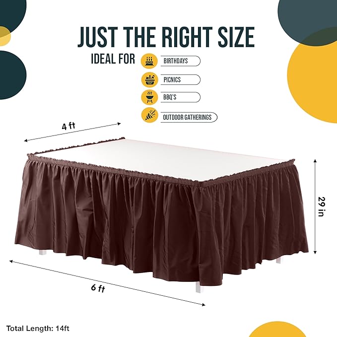 Exquisite Ruffle Table Skirt Brown 48 Pack 14 Ft Long Table Skirts for Rectangle Tables 6ft Plus or Round Tables Skirts with Adhesive Strip for Gender Reveal Decor & Happy Birthday Parties