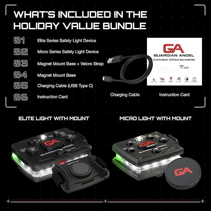 Guardian Angel Safety Light Value Bundle (2 Pack) – Elite (White Front & Green Rear) + Micro (White Front & Green Rear) – Hands-Free LED Flashlights for Construction, Roadside, Towing & Utility Work