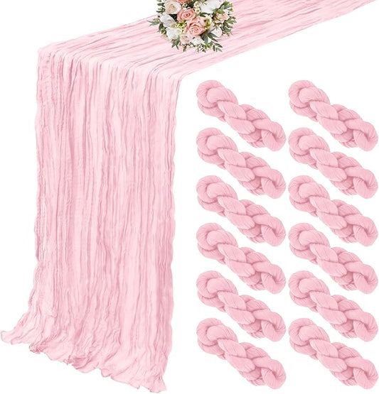 12 Pack Cheesecloth Table Runner 35 x 120 inch Long Boho Cheese Cloth Gauze Table Runners Semi Sheer Table Runner for Wedding Decor, Bridal Shower, Birthday Party (Light Pink)