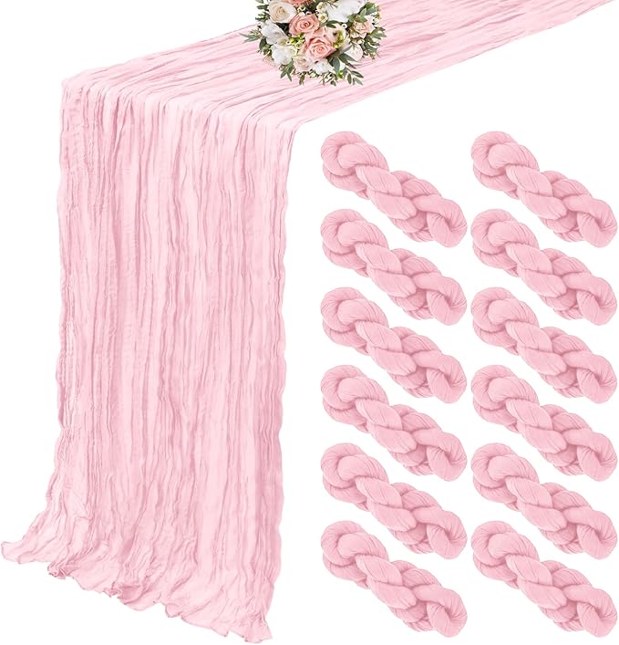 12 Pack Cheesecloth Table Runner 20 x 120 inch Cheese Cloth Table Runner Bulk,Romantic Boho Sheer Gauze Fabric Table Runners for Wedding Reception,Party,Bridal Shower Table Decor(Light Pink)