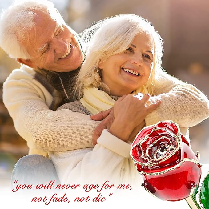 Valentine Gift Real Rose Dipped 24K Gold ，Best Valentines Rose Gift for Her Wife Mother Women，Forever 24k Rose with Crystal Stand-Red
