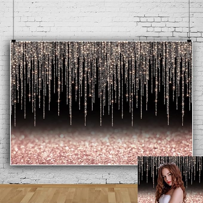 Black and Rose Gold Backdrop 10x6.5ft Glitter Photography Background for Girl Women Birthday Wedding Baby Shower Bridal Shower Vinyl Abstract Backdrop Party Decoration Banner Photo Props