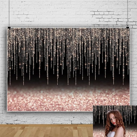 Black and Rose Gold Backdrop 10x6.5ft Glitter Photography Background for Girl Women Birthday Wedding Baby Shower Bridal Shower Vinyl Abstract Backdrop Party Decoration Banner Photo Props