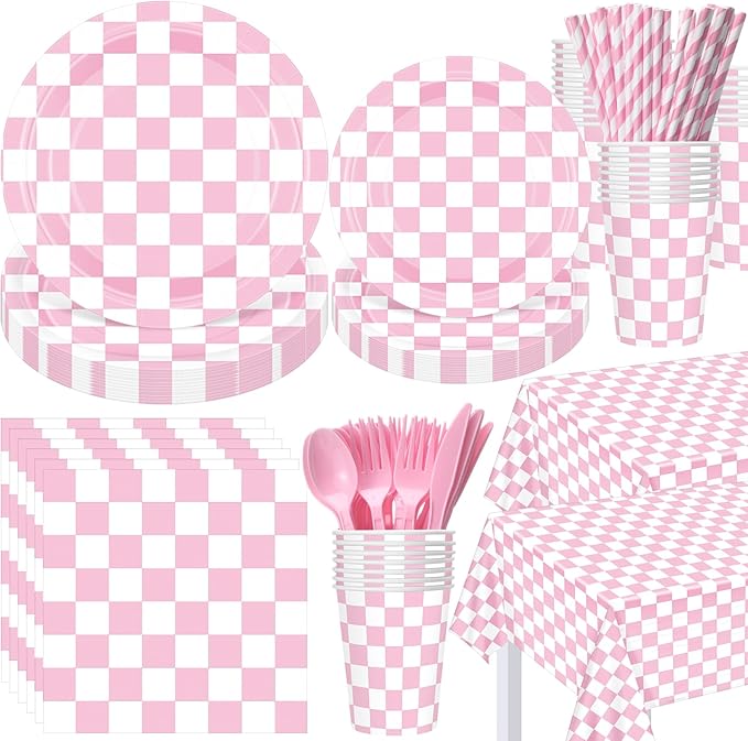 452 Pcs Light Pink and White Gingham Party Supplies for 50, Pink Checkered Gingham Paper Plates Napkins Cups Tablecloth Cutlery Straws for Picnic Camping Birthday Baby Shower Decoration