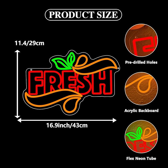 Fresh Neon Sign, Fresh Led Neon Light Signs for Wall Window Store Decor Fruit Store Business Light Up Sign for Fresh Produce Store Coffee Shop Light Bites Restaurant Dimmable USB Powered(16.9"*11.4")
