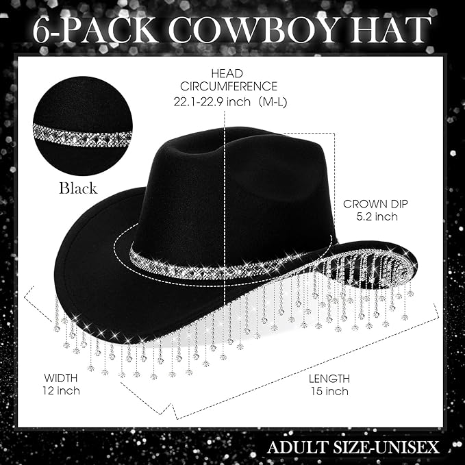 Hercicy 6 Pack Western Cowboy Hats with Rhinestone Tassel Bands Sequin Trim Sparkly Cowgirl Party Hats for Adults Women Men