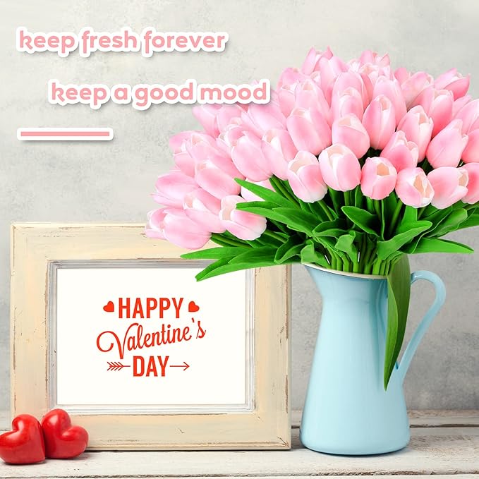Jexine 100 Pcs Artificial Real Touch Tulips Fake Artificial Tulip Flower Bulk Bouquet with Stem for Table Centerpieces Wedding Bridal Easter Mother's Day Garden Home Decor, 13.4''(Pink)