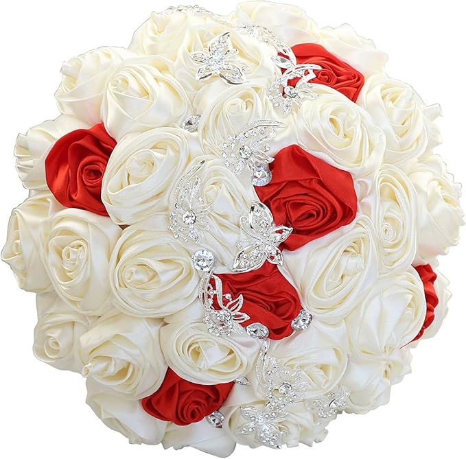 Red and Ivory Wedding Bridal Bouquet Handmade with Rhinestone Brooch Satin Rose Flower Bouquet for Bride Bridesmaid Quinceanera Bouquet Wedding Red and Ivory 9.8in