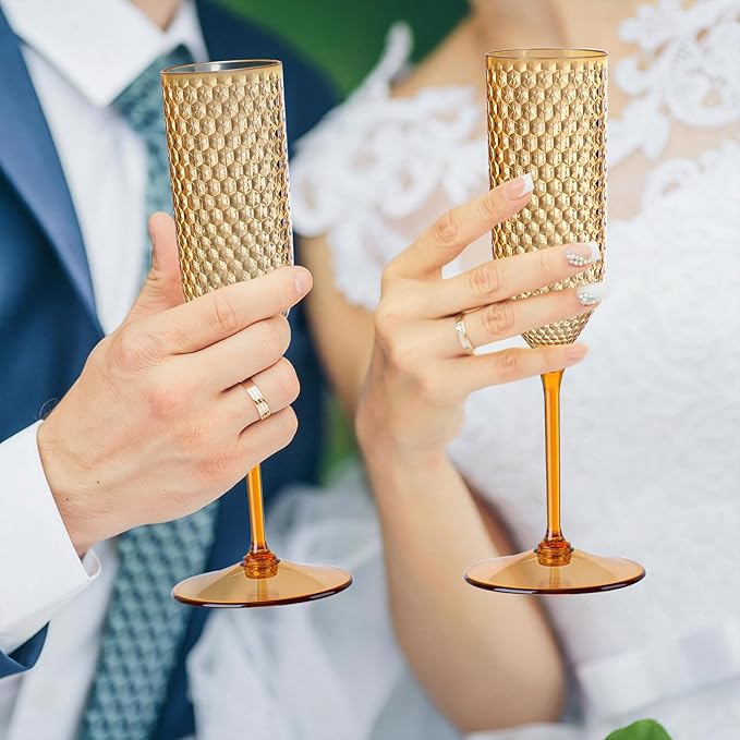 XUWAIDSGN 24 Pack Brown Detachable 2 piece Champagne Flutes 5.5 Oz Unbreakable Plastic Mimosa Disposable Champagne Glasses Drinking Cups Stemmed Reusable Wine Toasting Glasses for Wedding (24, Brown)