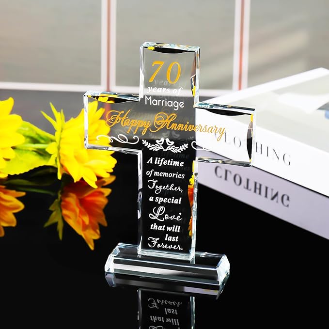 YWHL 70th Wedding Anniversary Cross Gifts for Couple, 70 Years of Marriage Glass Cross Keepsake for Parents Grandparents, 70 Years Anniversary Decoration