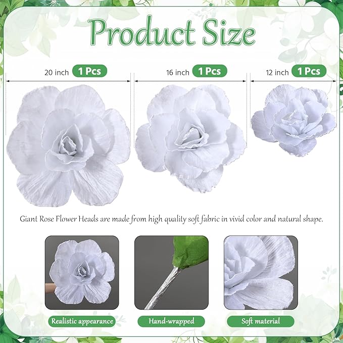 Norme 3 Pcs Valentines Giant Flowers for Decoration 12, 16, 20 Inch Large Rose Petals Giant Flowers Large White Rose for Wedding, Home Decor, Anniversary Birthday Valentine's Day