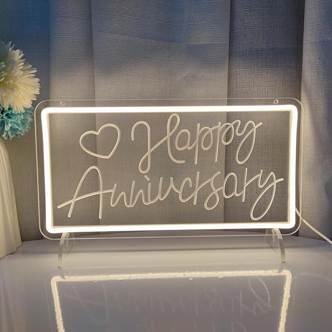 Happy Anniversary Neon Sign,Happy Anniversary Led Signs, Decoration Neon Lights for Bar Pub Christmas, Restaurant, Bedroom Wall Decor Cute Neon Signs Gift Engagement Birthday Wedding Party,SIGNVIA,39*20cm