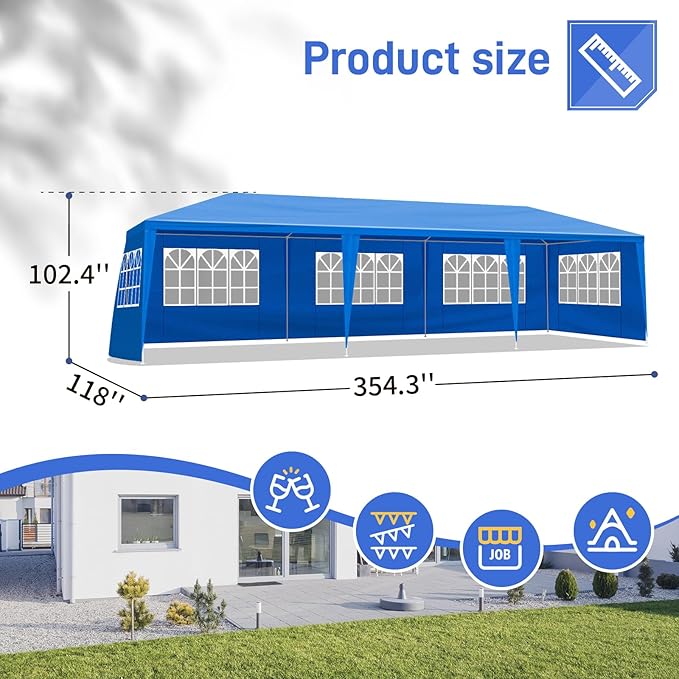Party Tent for Outdoor Weddings, Birthdays, Events - Patio Gazebo Carport Canopy Shade With Removable Sidewalls & Transparent Window (10'x30'/8 Sidewalls Blue)