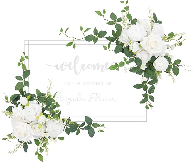2pcs White Green Mint Leaves Deluxe Welcome Sign Artificial Flowers Wedding Backdrop Garland Hanging Floral Arrangements for Ceremony Reception Entryway Board Sweetheart Table