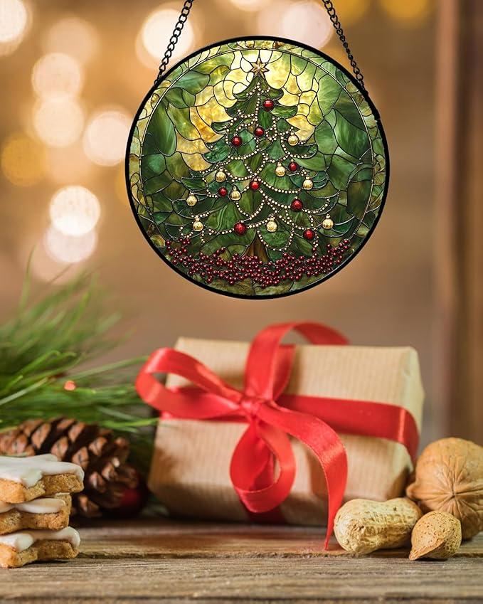 Stained Glass Window Hanging - Retro Green Christmas Tree Suncatcher for Doors Home Christmas Decoration Sun Catcher Thanksgiving New Year Birthday Gifts for Women Men Mom Nana 9.8 in